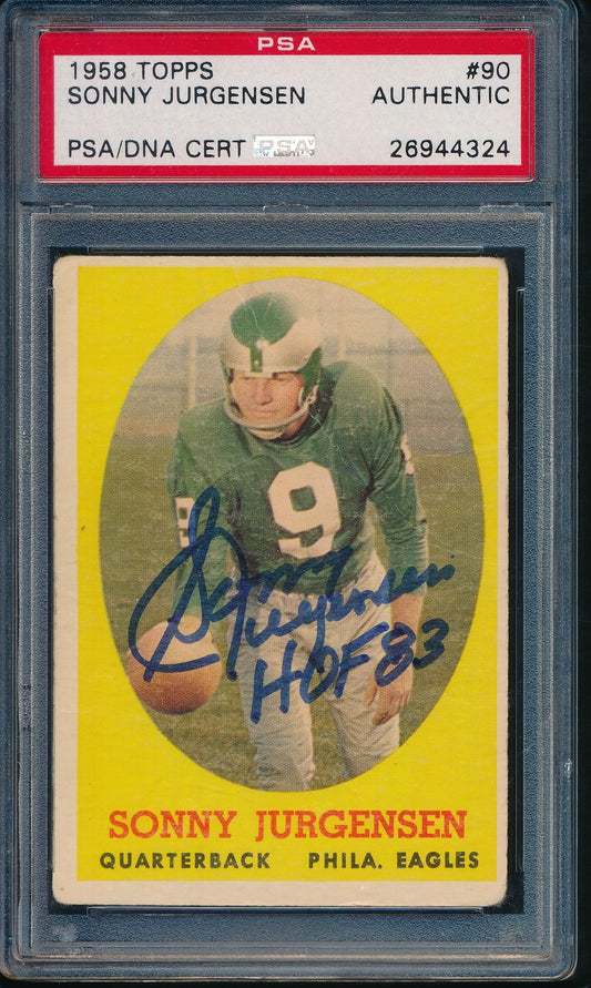 Sonny Jurgensen HOF Signed/Insc 1958 Topps Rookie Card #90 Eagles PSA/DNA 186382