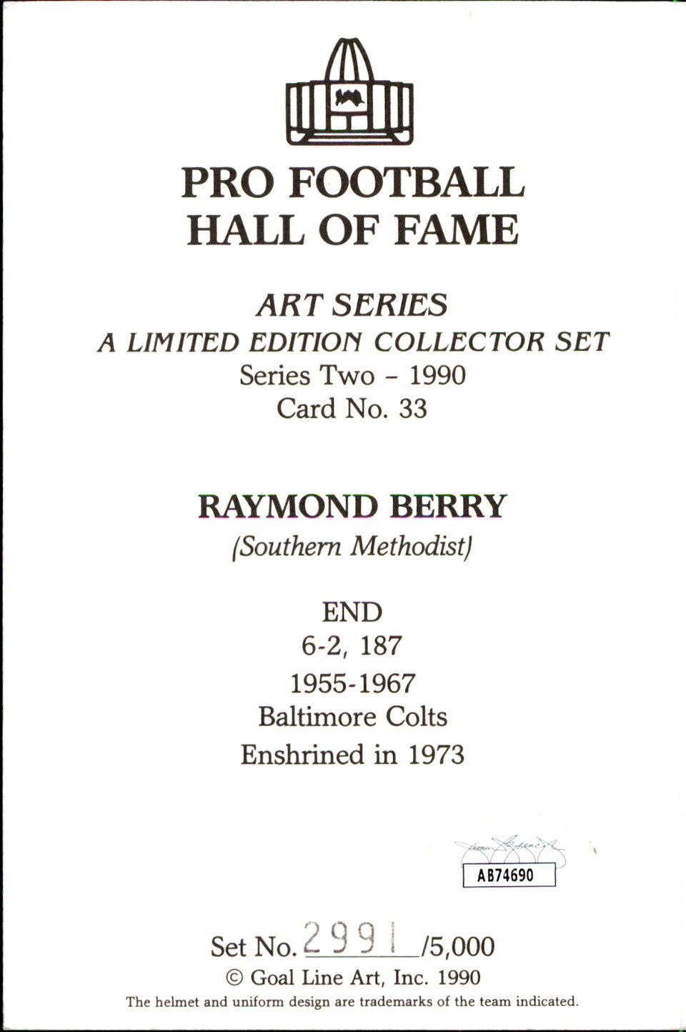 Raymond Berry HOF Autographed Goal Line Art GLAC Postcard Baltimore Colts JSA