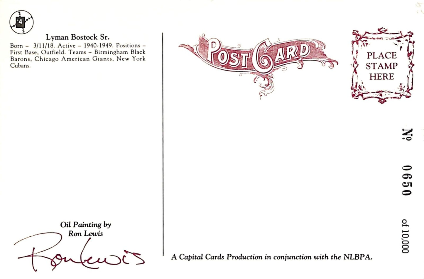 Lyman Bostock Sr. Signed Negro League - Black Barons Ron Lewis Post Card 181232