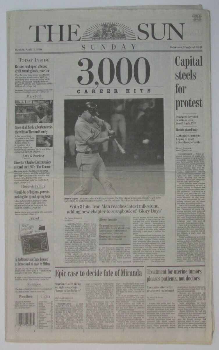 Cal Ripken Jr. Orioles 3000 Hits 2000 Baltimore Sun Complete Newspaper 147803