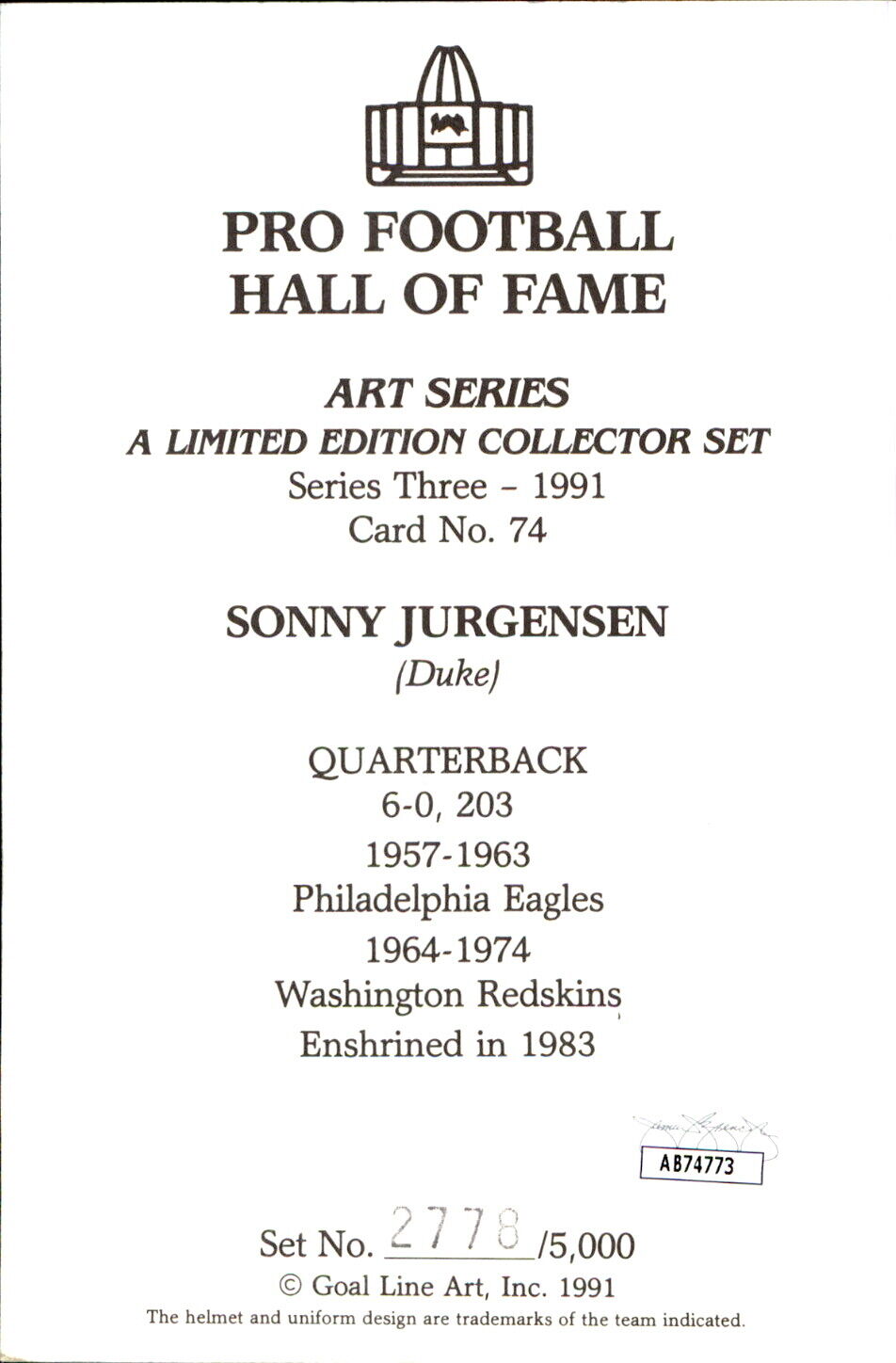 Sonny Jurgensen HOF Autographed Goal Line Art GLAC Postcard Redskins JSA 173876