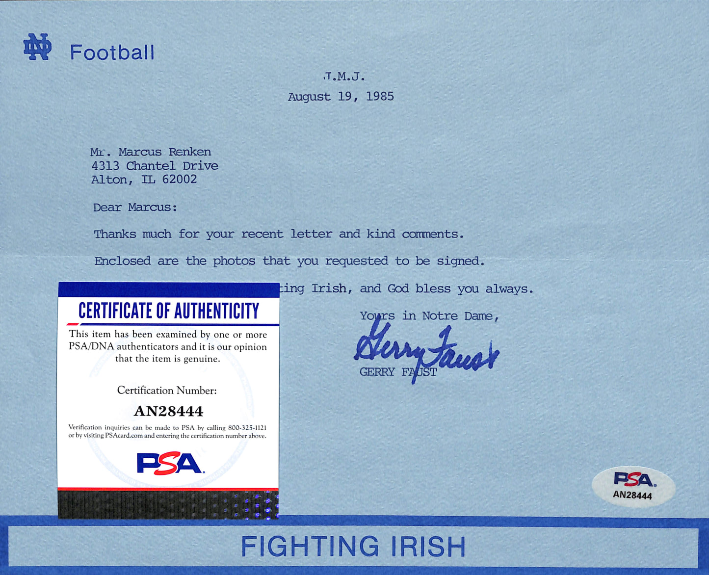 Gerry Faust Signed/Auto TLS Letter Notre Dame Head Football Coach PSA/DNA 185209