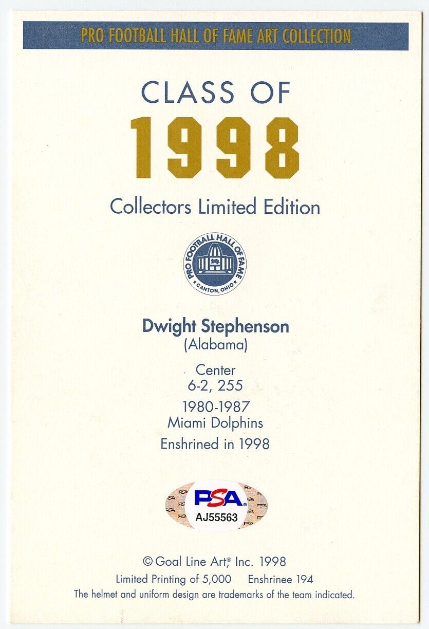 Dwight Stephenson Signed Goal Line  GLAC Postcard w/HOF Dolphins PSA/DNA 160327