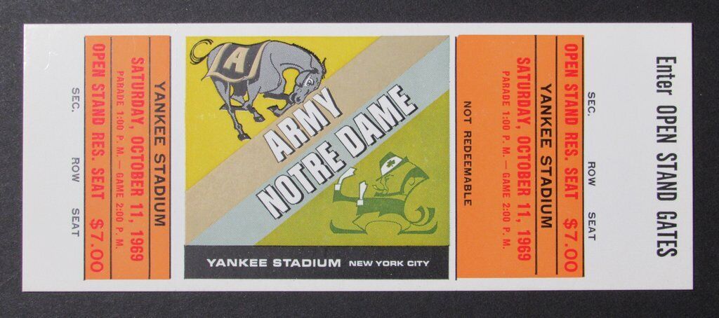 1969 Army vs Notre Dame Fighting Irish Proof Ticket 10/11/69 Yankee Stadium