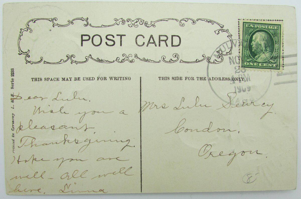 Vintage Postcard postmarked 1909 "Wishing you a pleasant Thanksgiving" 140010