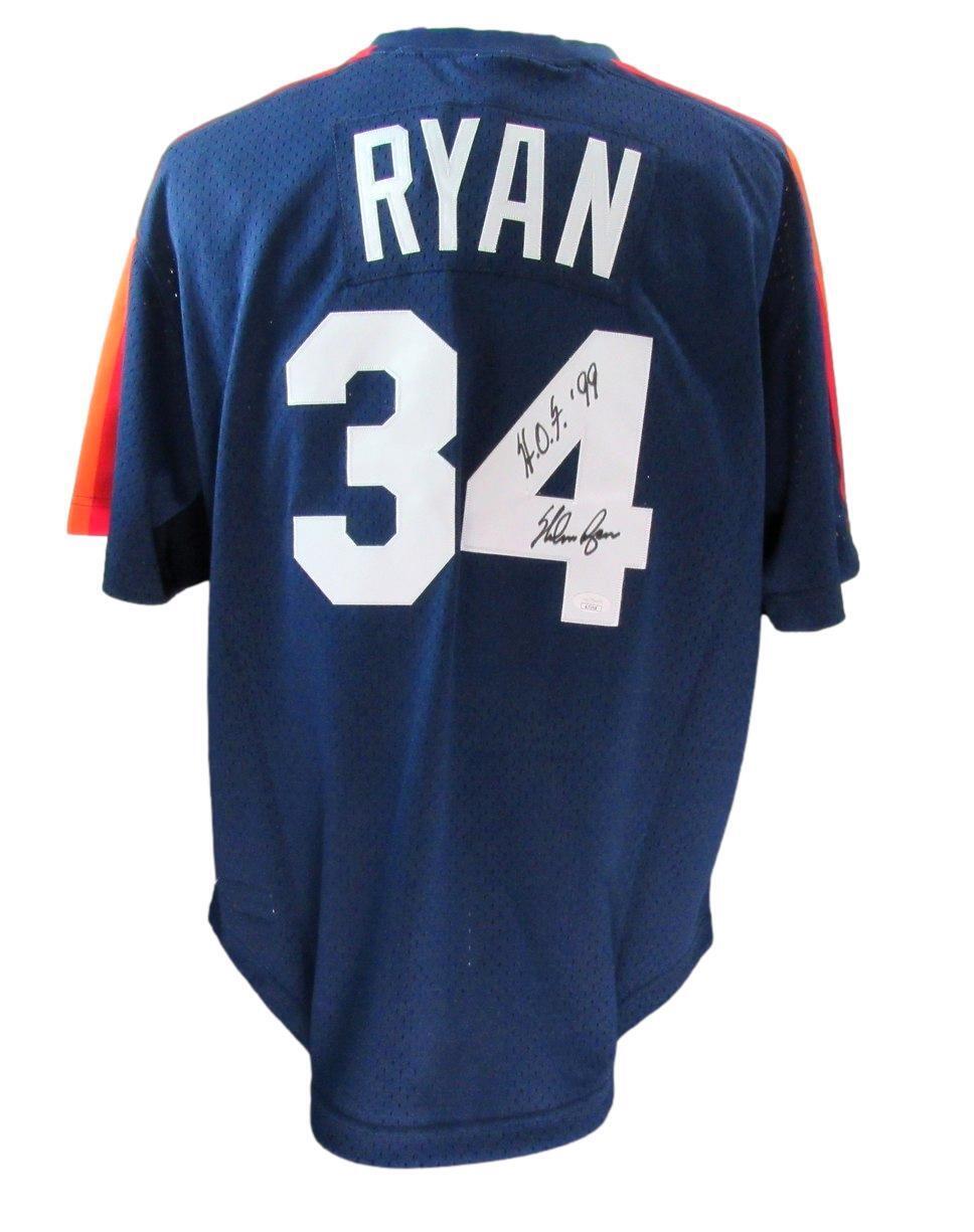 Nolan Ryan HOF Autographed/Inscr Mitchell & Ness Navy Jersey Rangers JSA 179440