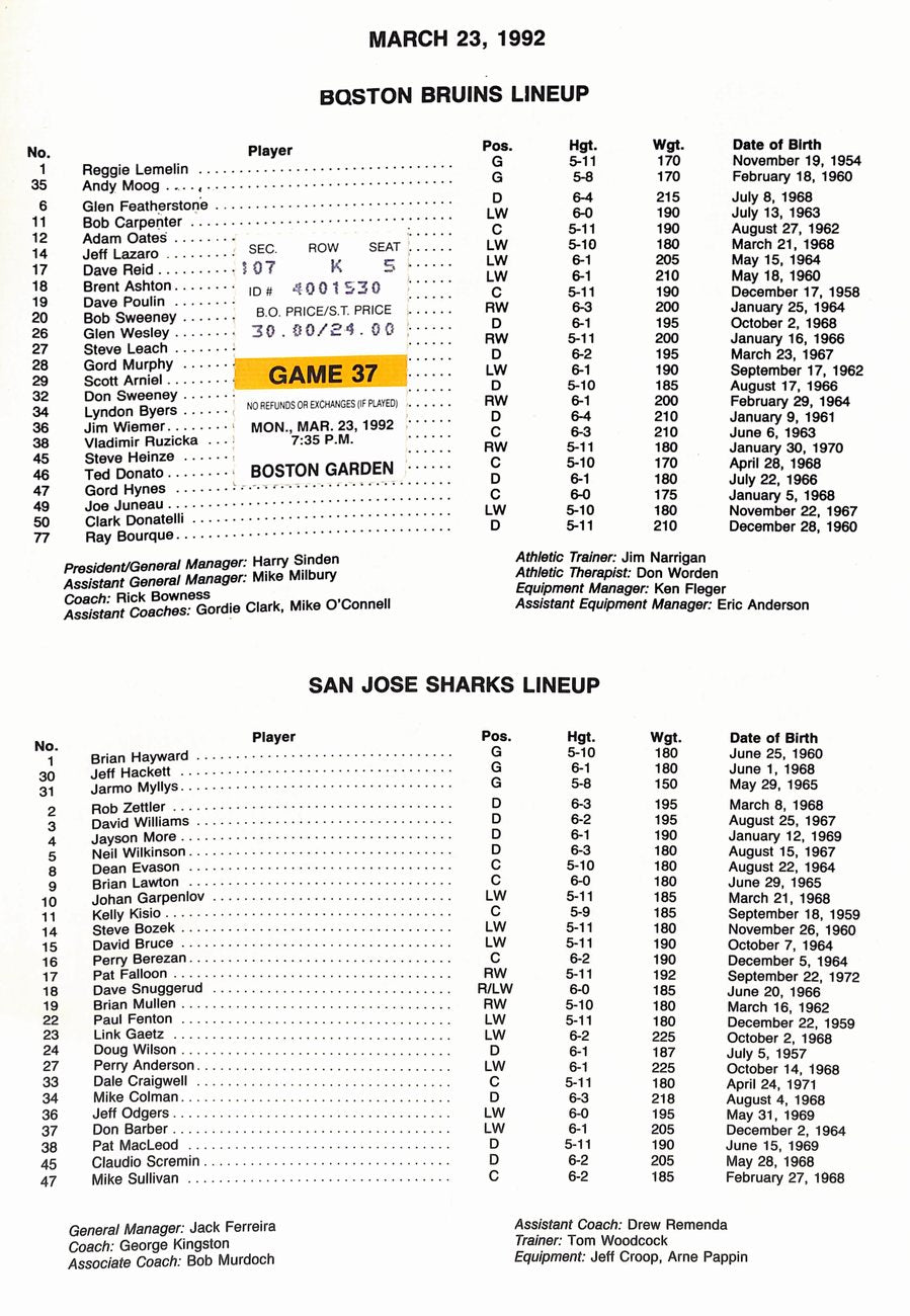 March 23 1992 Boston Bruins vs San Jose Sharks Game Program + Ticket Stub 182001