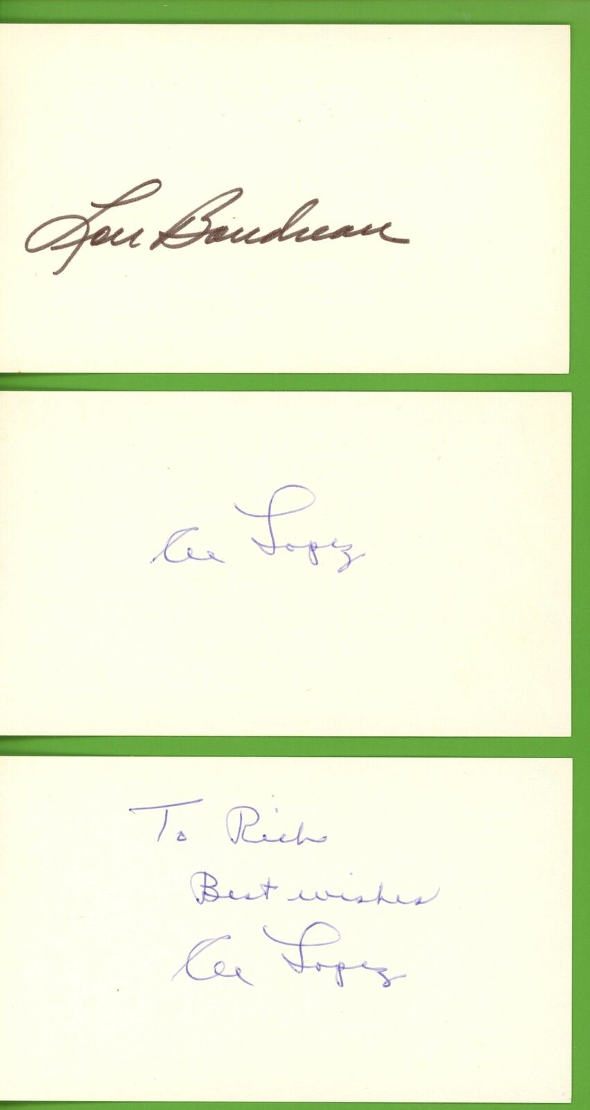 Lot of 3 HOF Lou Boudreau, Al Lopez (2) Signed 3x5 Index Cards 153736