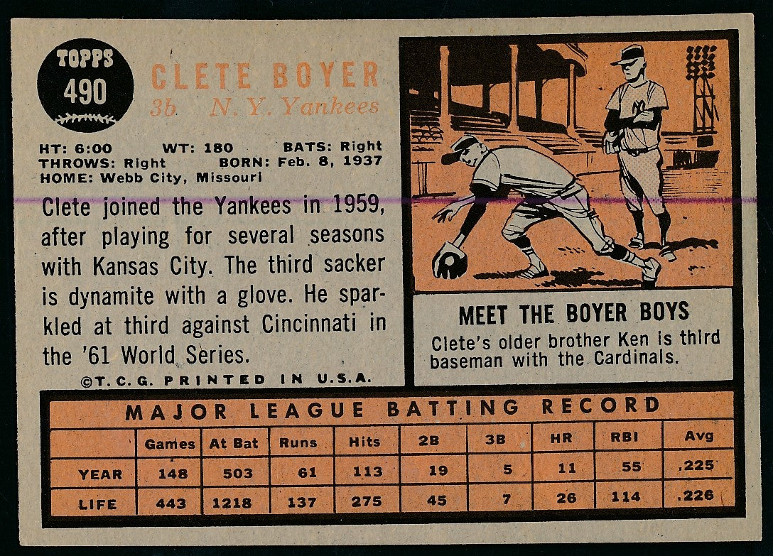 1962 TOPPS #490 Clete Boyer Baseball Card New York Yankees 177170