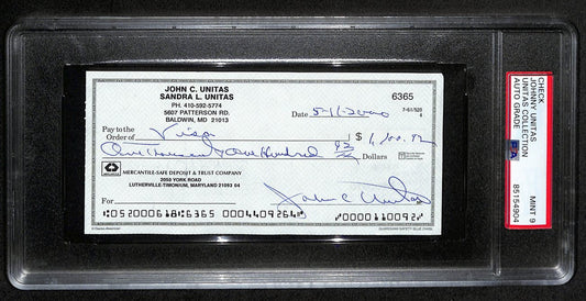 Johnny Unitas HOF Signed/Auto 2000 Bank Check Colts PSA/DNA MINT 9 193243