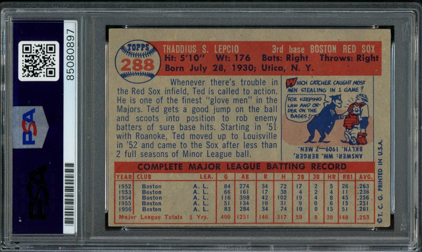 1957 TOPPS Ted Lepcio #288 Auth Card Signed Boston Red Sox PSA/DNA 184129