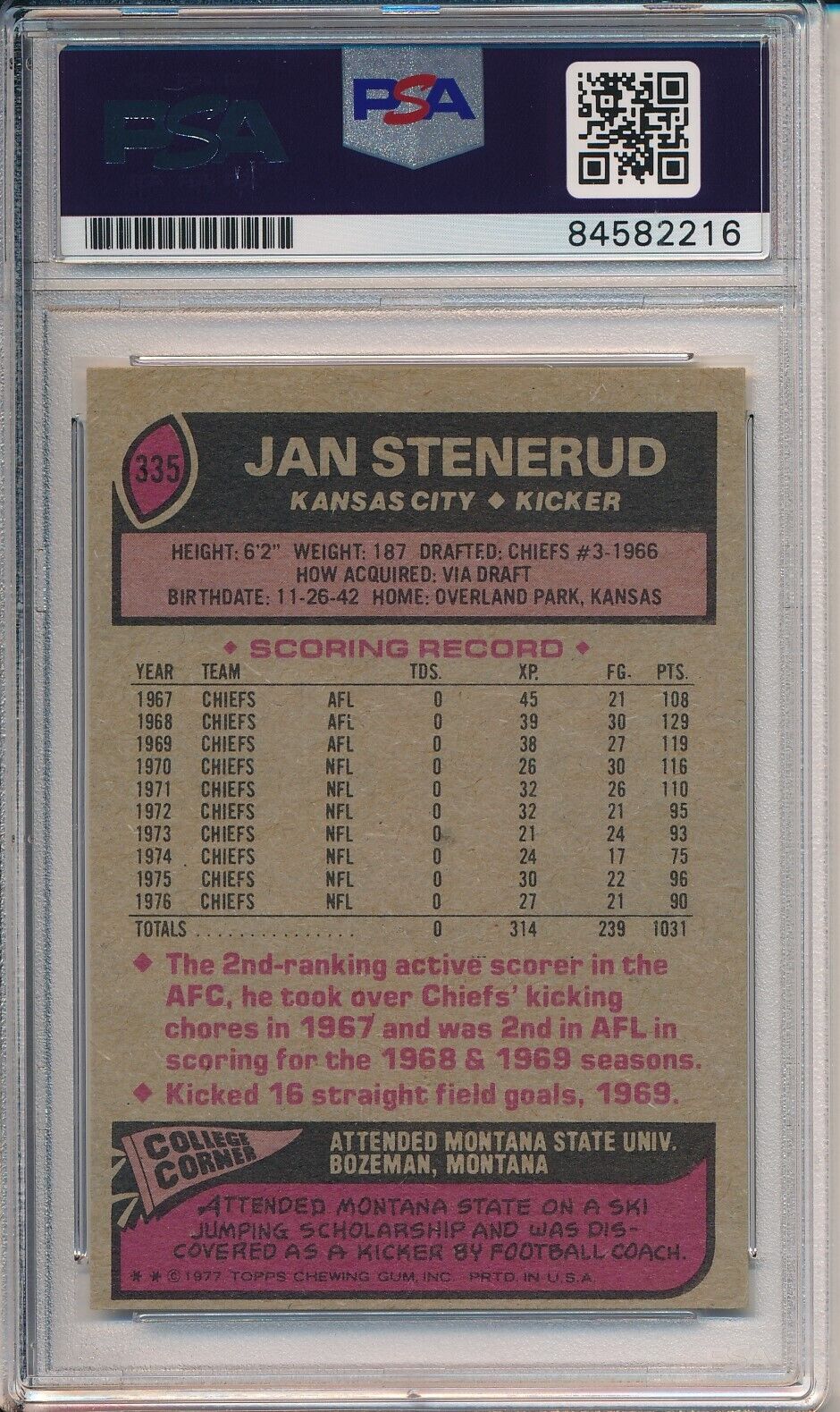 Jan Stenerud HOF Signed/Auto 1977 TOPPS Card #335 KC Chiefs PSA/DNA