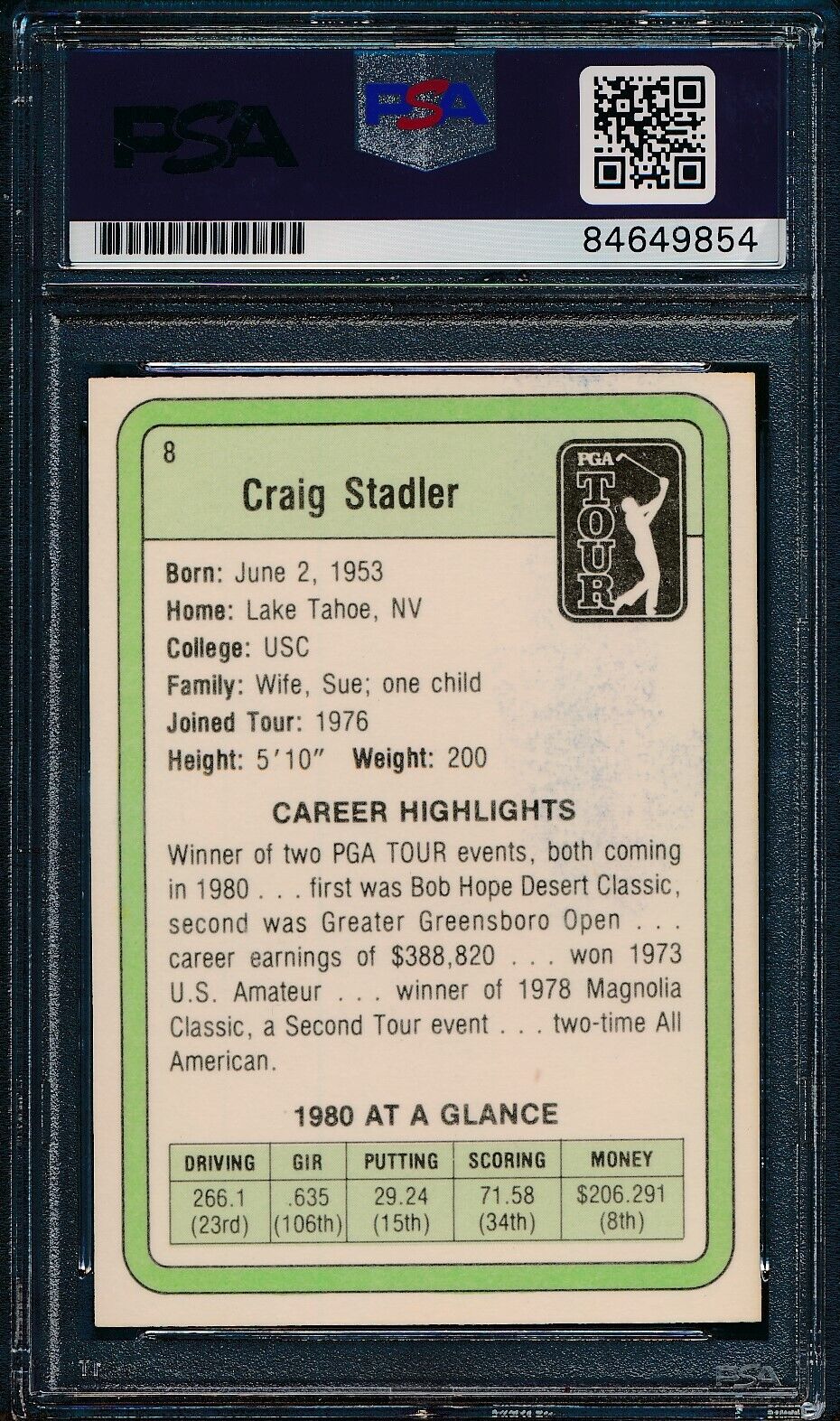 1981 DONRUSS PGA Craig Stadler #8 Authentic Card Signed PSA/DNA 176037