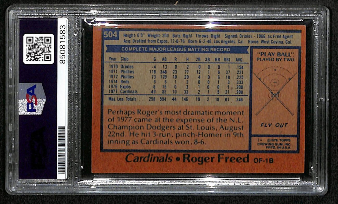 Roger Freed Signed 1978 Topps Card #504 St. Louis Cardinals PSA/DNA 184489