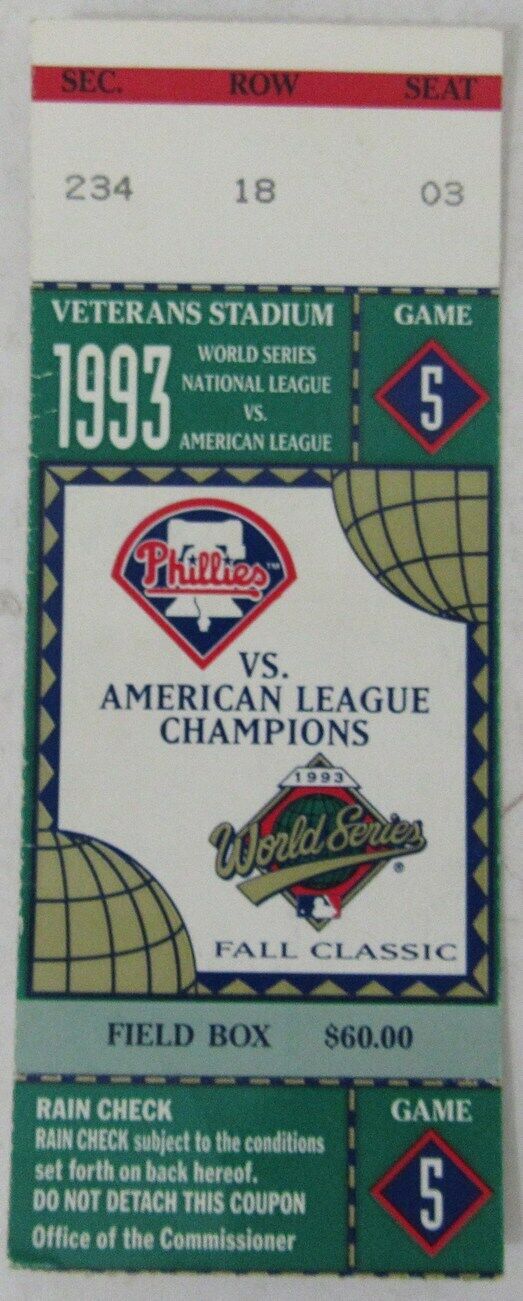 1993 World Series Game 5 Phillies vs. Blue Jays Ticket Stub at Veteran's Stadium