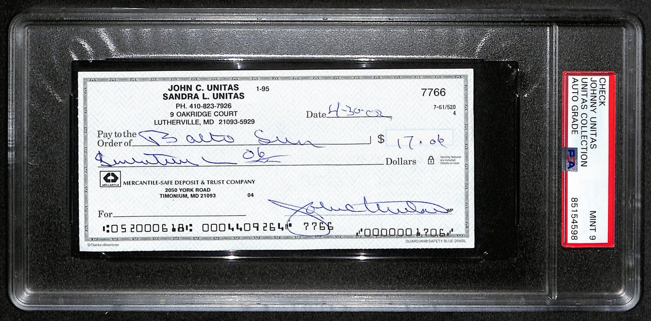 Johnny Unitas Signed 4/30/02 Check PSA/DNA MINT 9 188679