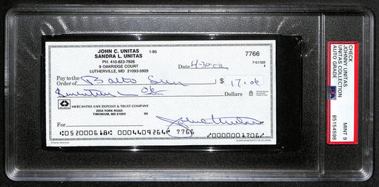 Johnny Unitas Signed 4/30/02 Check PSA/DNA MINT 9 188679