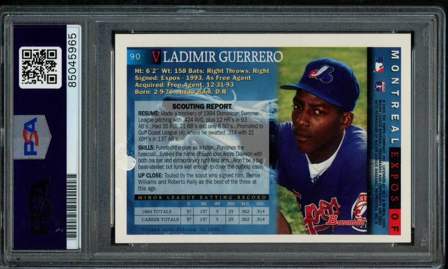 Vladimir Guerrero Montreal Expos Autographed 1995 Bowman Rookie Card #90 PSA/DNA