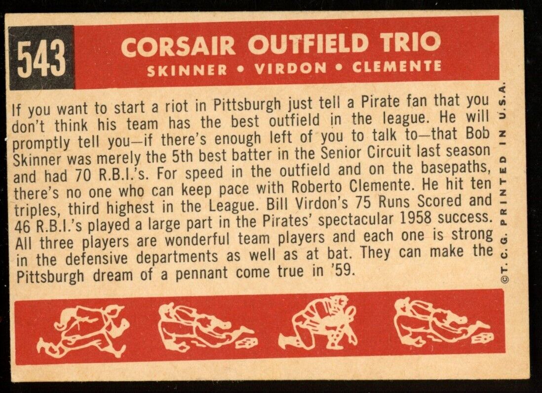 1959 Topps Baseball Skinner/Virdon/Clemente #543 Pittsburgh Pirates