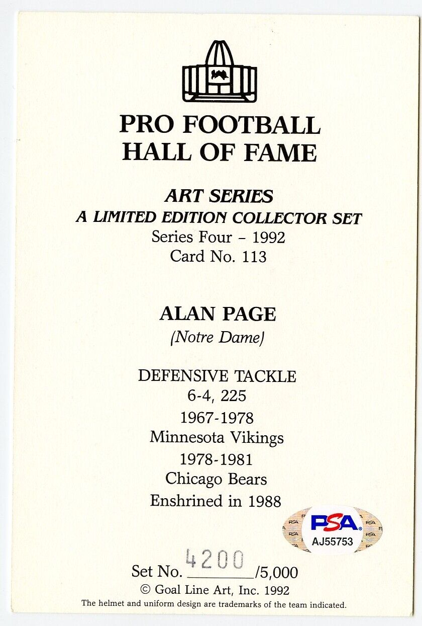 Alan Page Signed/Autographed Goal Line Art GLAC Postcard Vikings PSA/DNA 160239