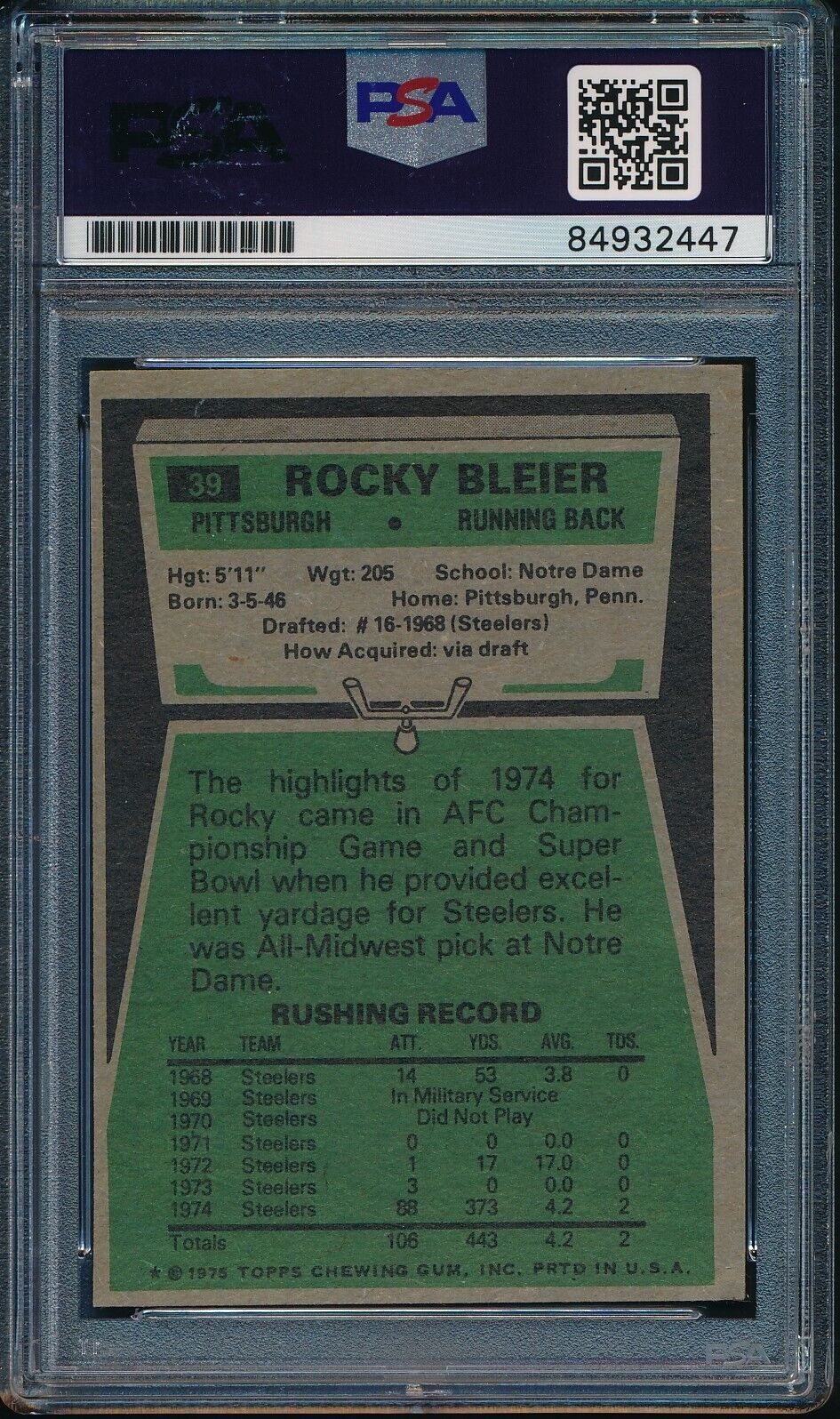 1975 Topps RC #39 Signed/Autographed Rocky Bleier HOF Steelers PSA/DNA