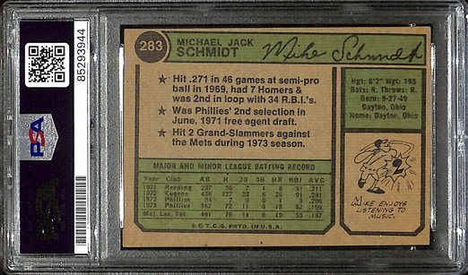 1974 Topps Mike Schmidt Phillies #283 Card Signed PSA/DNA GEM MINT 10 187938