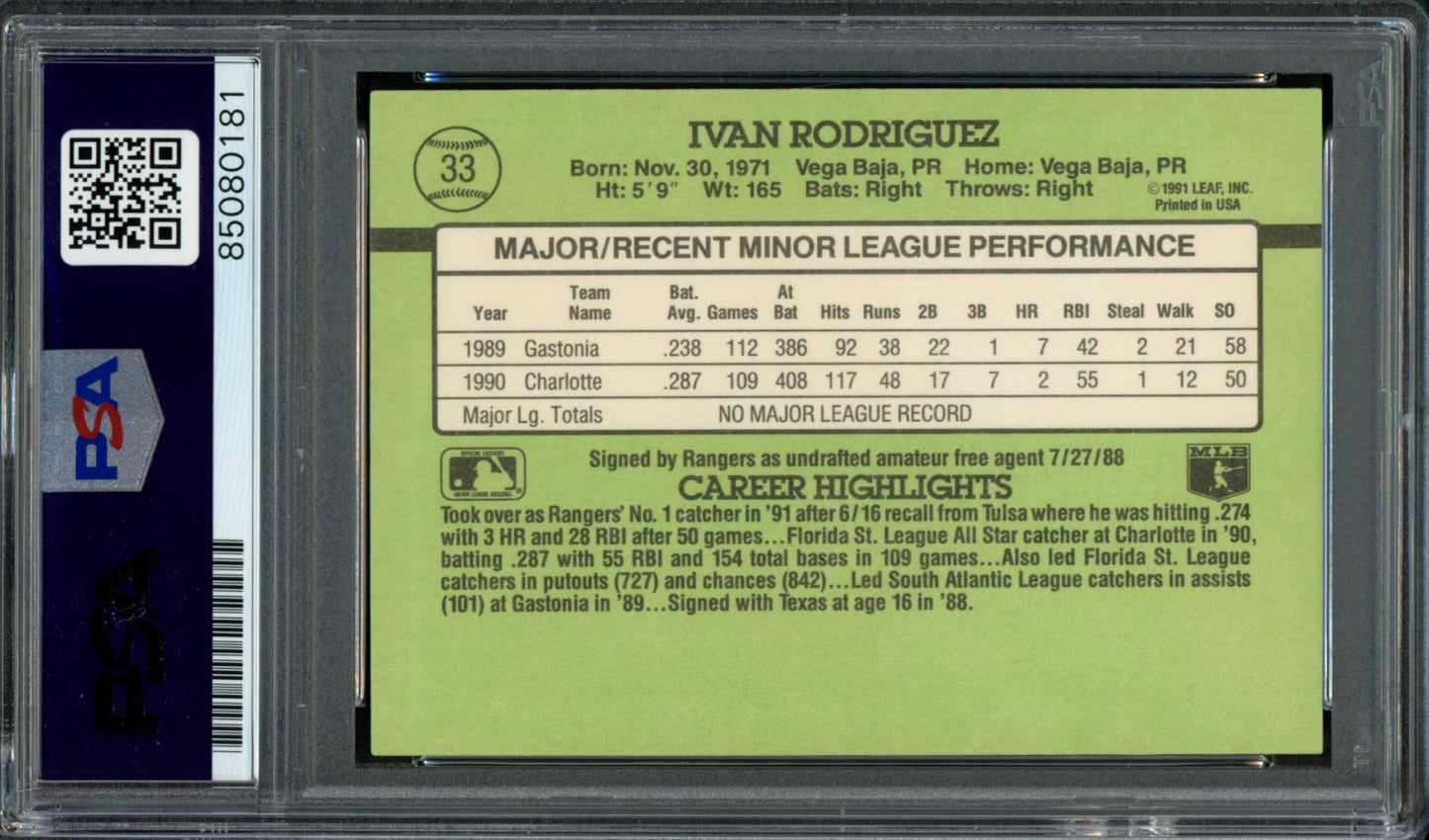 Ivan Rodriguez HOF Signed 1991 Donruss The Rookies Card #33 Rangers PSA/DNA