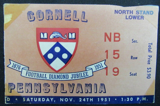 1951 Cornell vs. Penn  Football Game Ticket Stub 11/24/51 Franklin Field 153648