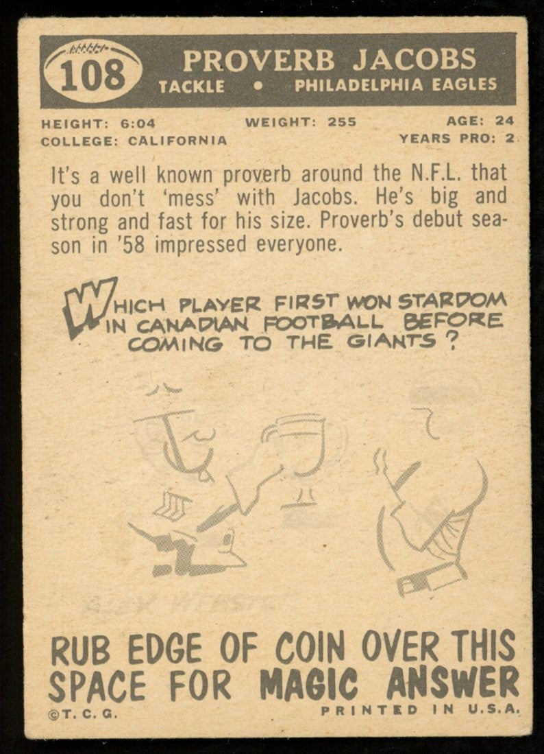 1959 TOPPS Football Card #108 Signed/Auto Proverb Jacobs Philadelphia Eagles