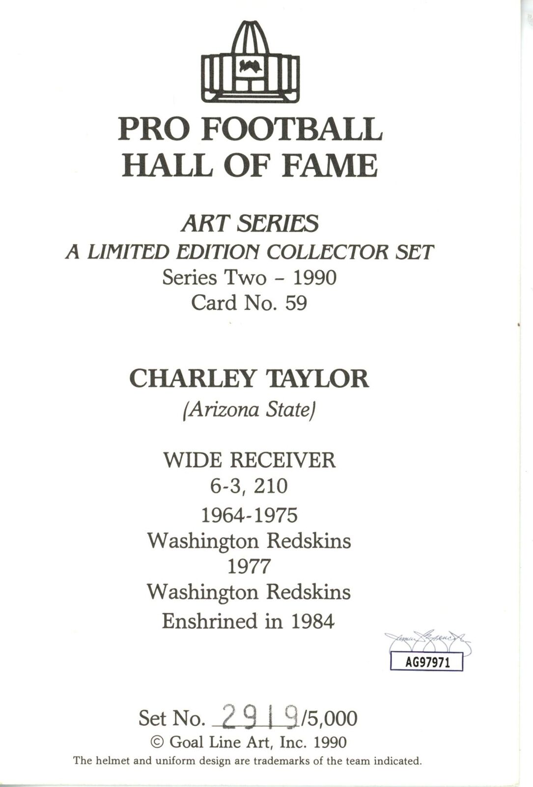 Charley Taylor HOF Autographed/Inscr Goal Line Art GLAC Postcard Redskins JSA