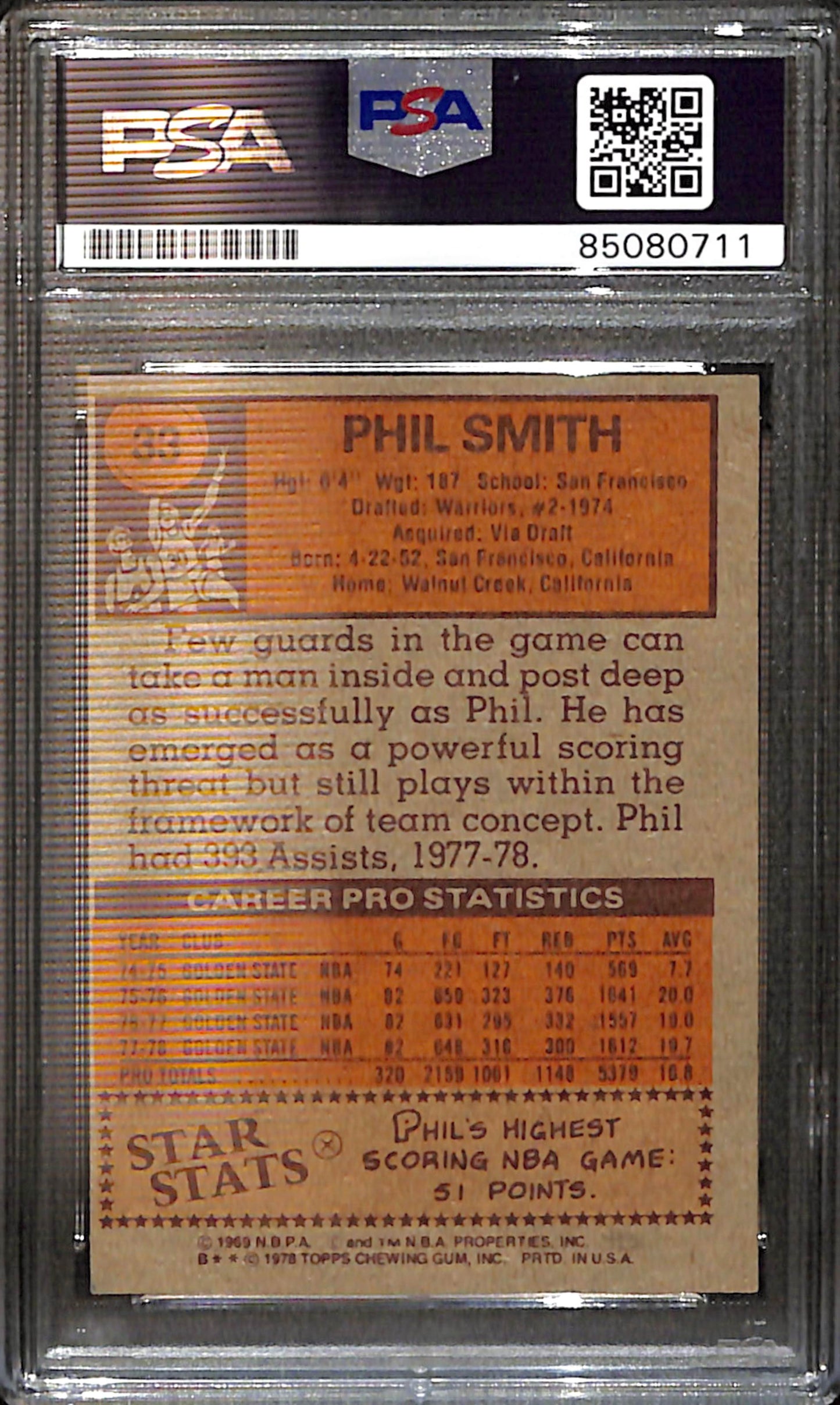 Phil Smith Signed/Auto 1978 Topps Card #33 Warriors PSA/DNA 185414