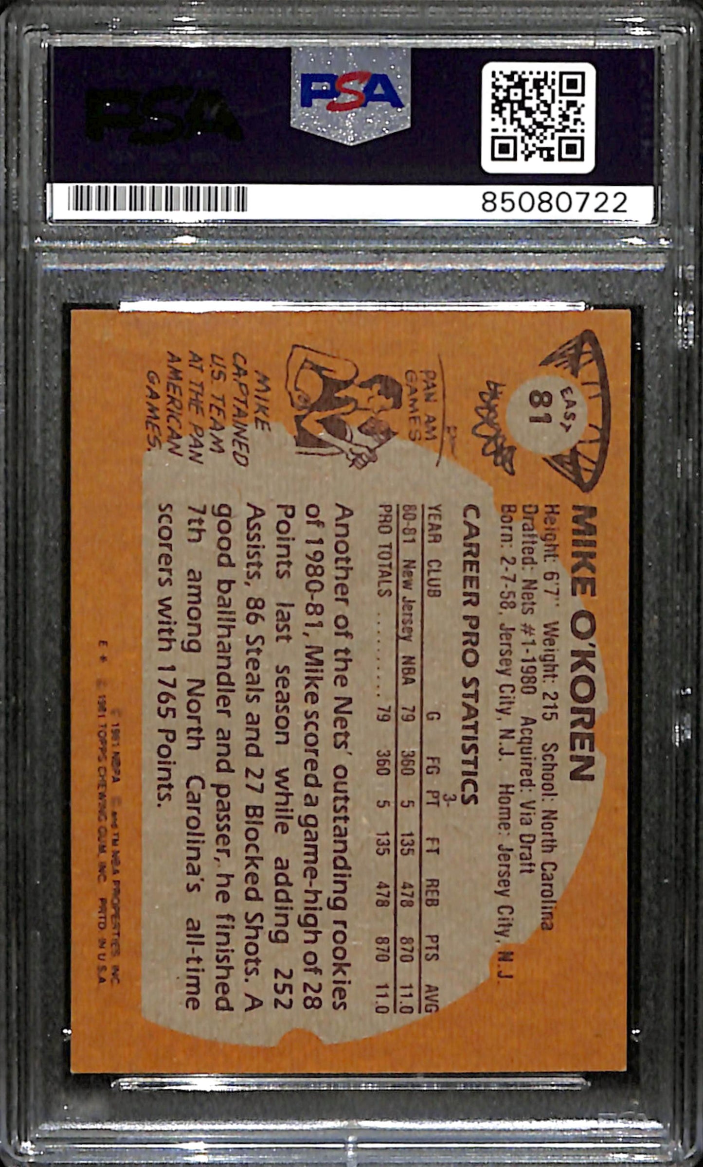 Mike O'Koren Signed 1981 Topps Card #81 New Jersey Nets PSA/DNA 185759