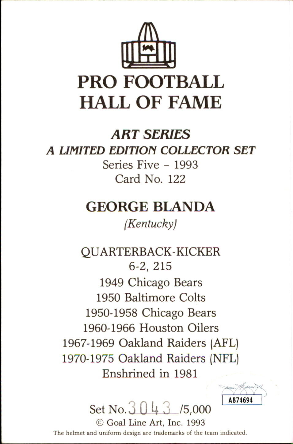 George Blanda HOF Autographed Goal Line Art GLAC Postcard Oakland Raiders JSA