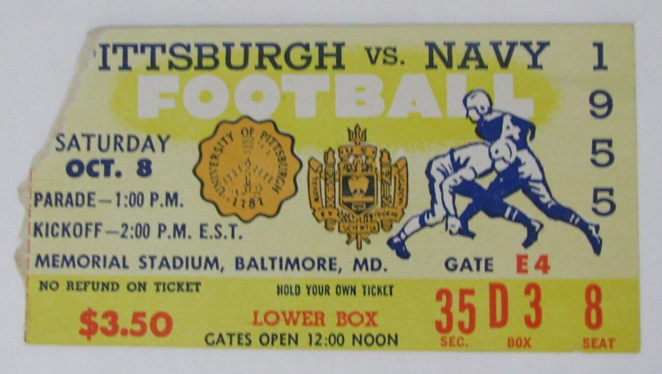 Vintage 1955 Pittsburgh vs. Navy College Football Game Ticket Stub