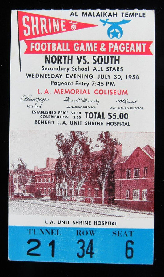 1958 Shrine Game North vs. South Ticket Stub L.A. Memorial Coliseum 7/30/58