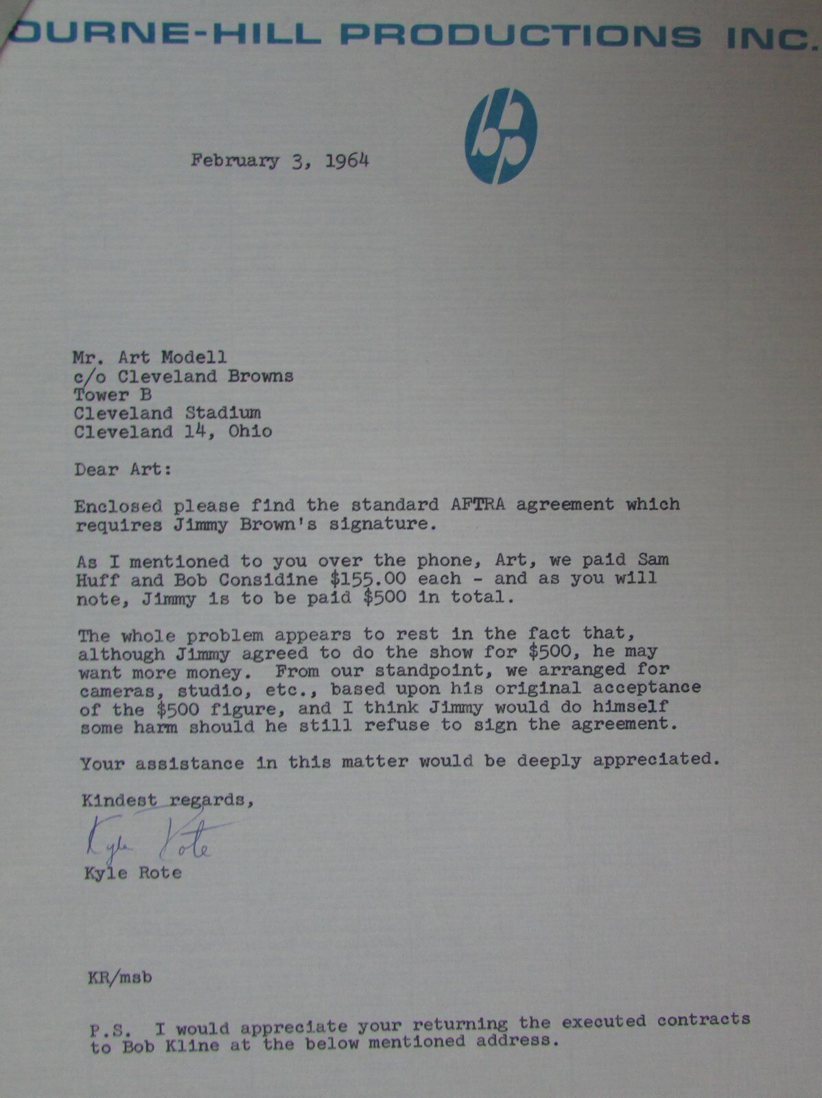 February 1964 letters(2) to and from Art Modell to Bourne-Hill Company 144994