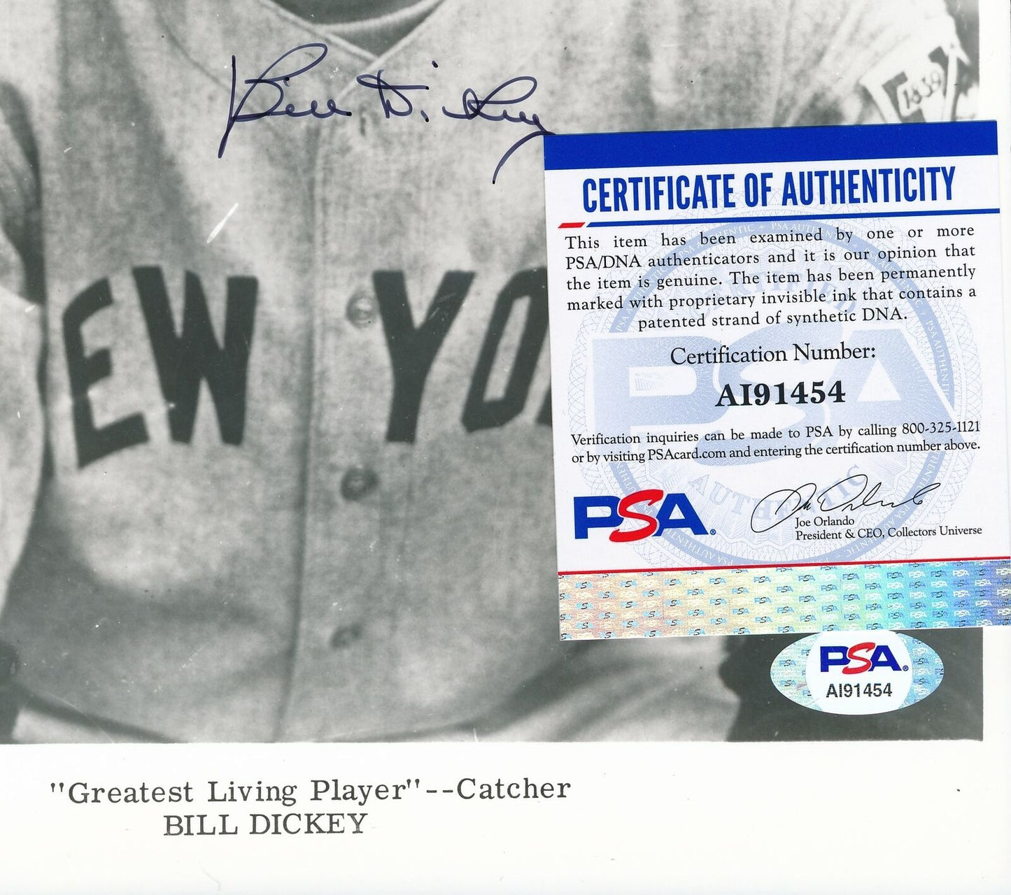 Bill Dickey HOF Yankees Signed/Autographed 8x10 B/W Photo PSA/DNA 159739