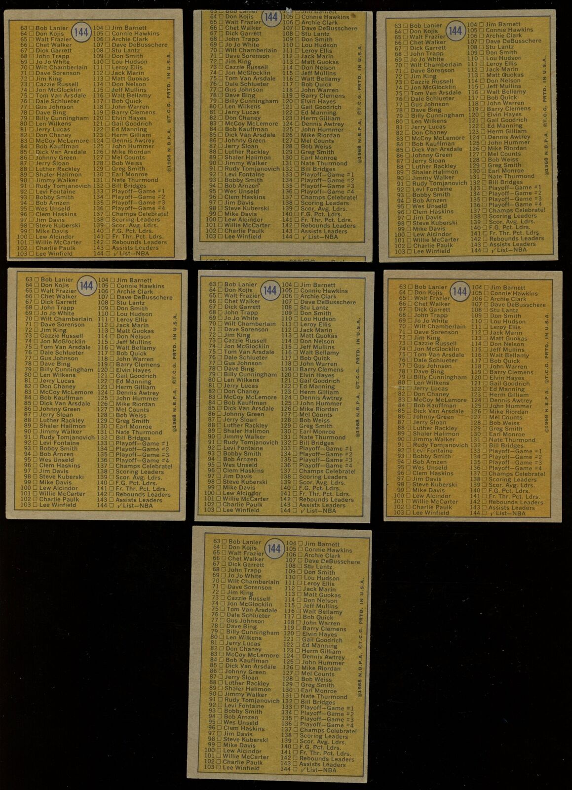 Lot of (7) 1971-72 Topps Basketball Checklist 1-144 Unmarked #144 Cards