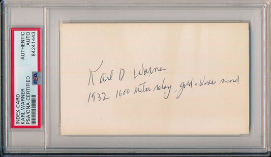 Karl Warner USA Runner Signed/Inscribed 3x5 Index Card PSA/DNA 155386