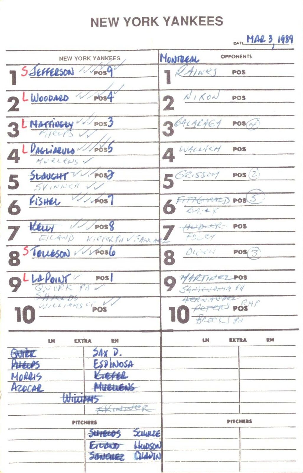 1989 New York Yankees Spring Training 5.5x8.5 Lineup Card vs.Expos 151542