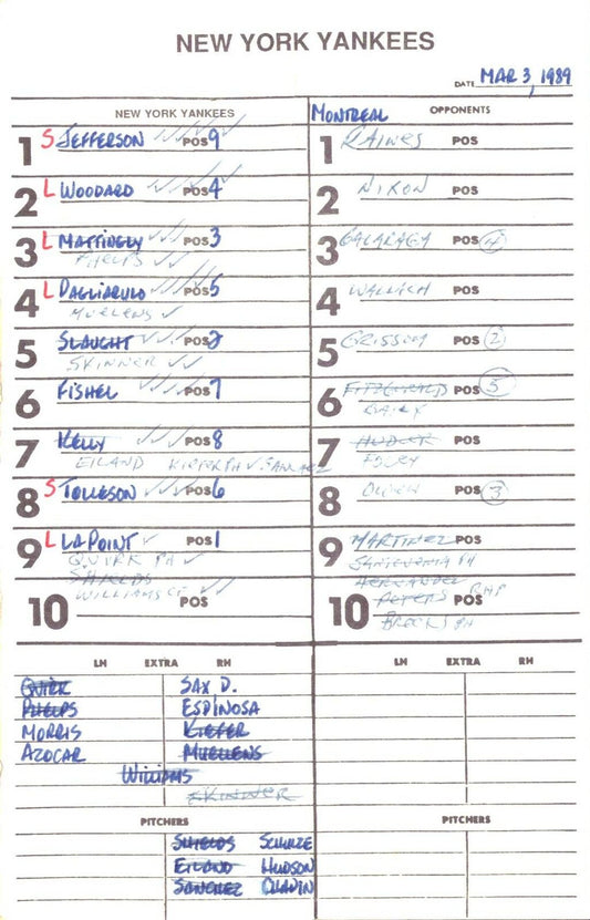 1989 New York Yankees Spring Training 5.5x8.5 Lineup Card vs.Expos 151542