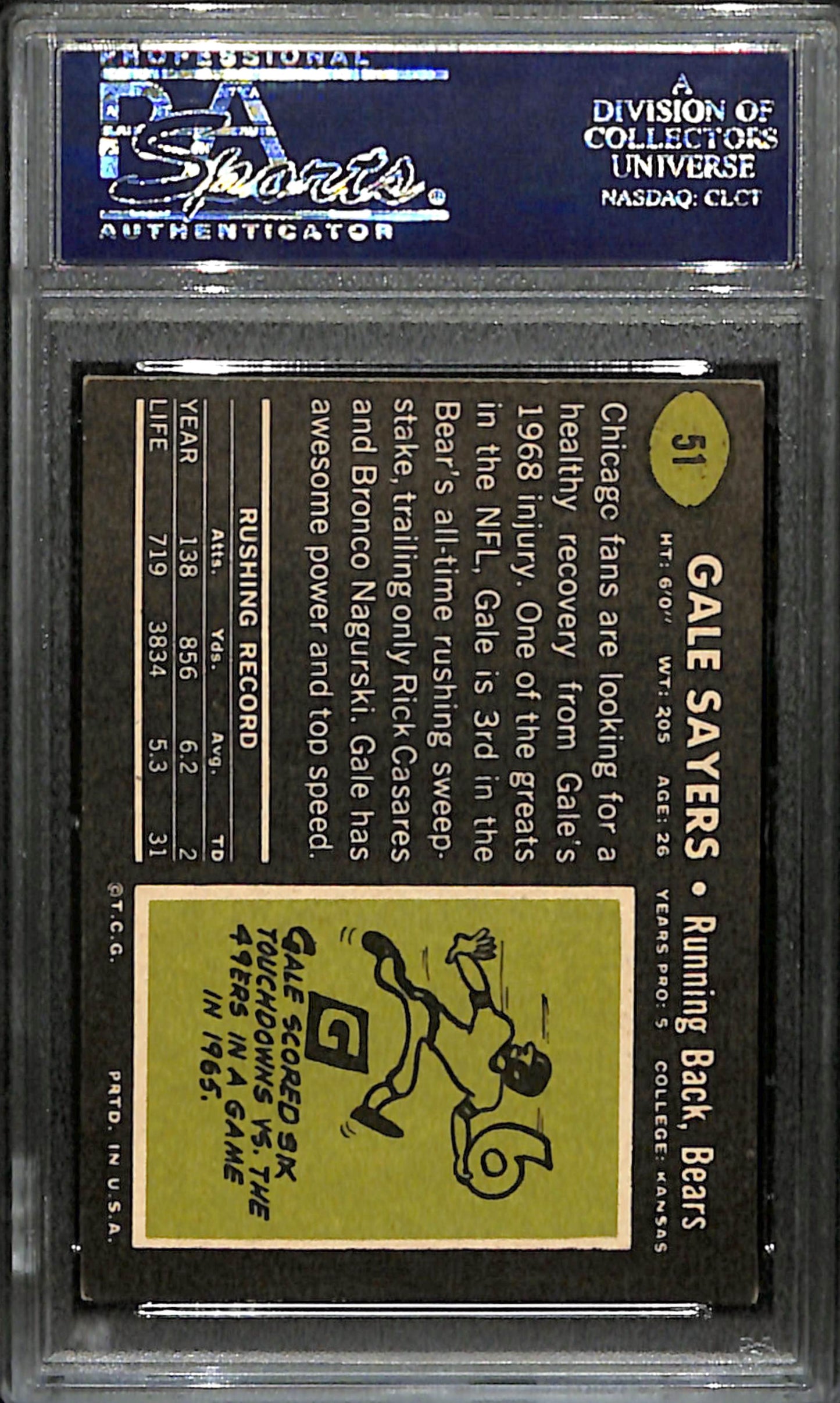 Gale Sayers HOF Signed 1969 Topps Card #51 Chicago Bears PSA/DNA 185984