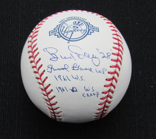 Bud Daley Signed/Auto Yankees 100th OML Baseball JSA Inscr 186623
