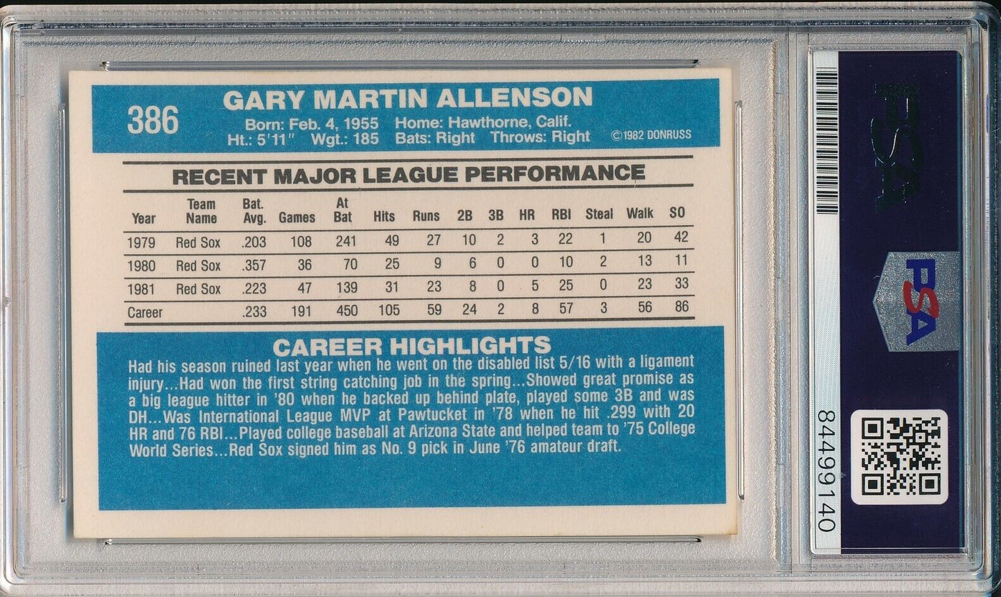 Gary Allenson Boston Red Sox Signed 1982 Donruss Card #386 PSA/DNA 165989