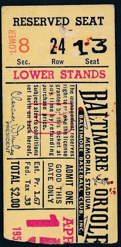 First Ever Baltimore Orioles Home Game Ticket Stub April 15, 1954 139000