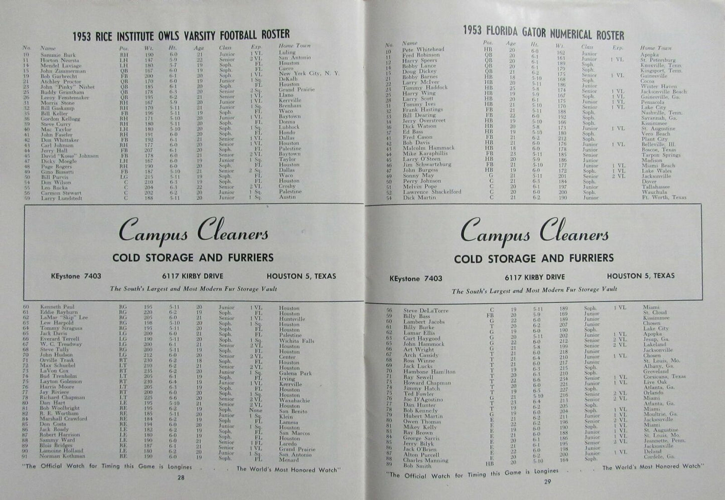 1953 Florida vs. Rice College Football Game Program at Rice Stadium 165707