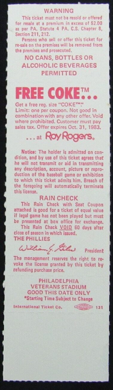 1983 Phillies vs. San Diego Padres Full Ticket at Veterans Stadium