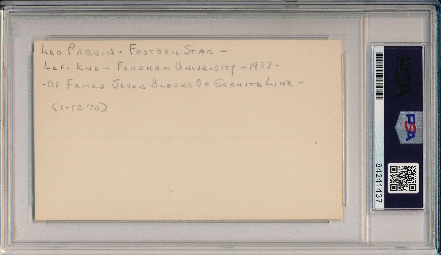 Leo Paquin Fordham 7 Blocks of Granite Signed/Auto 3x5 Index Card PSA/DNA 155381