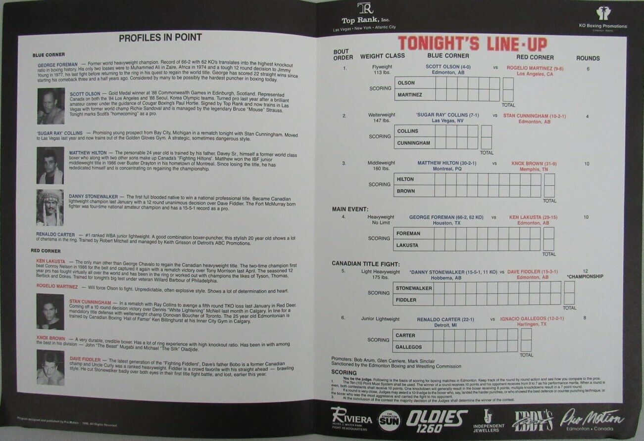 George Foreman vs. Ken Lakusta July 31, 1990 Official Souvenir Program 162271