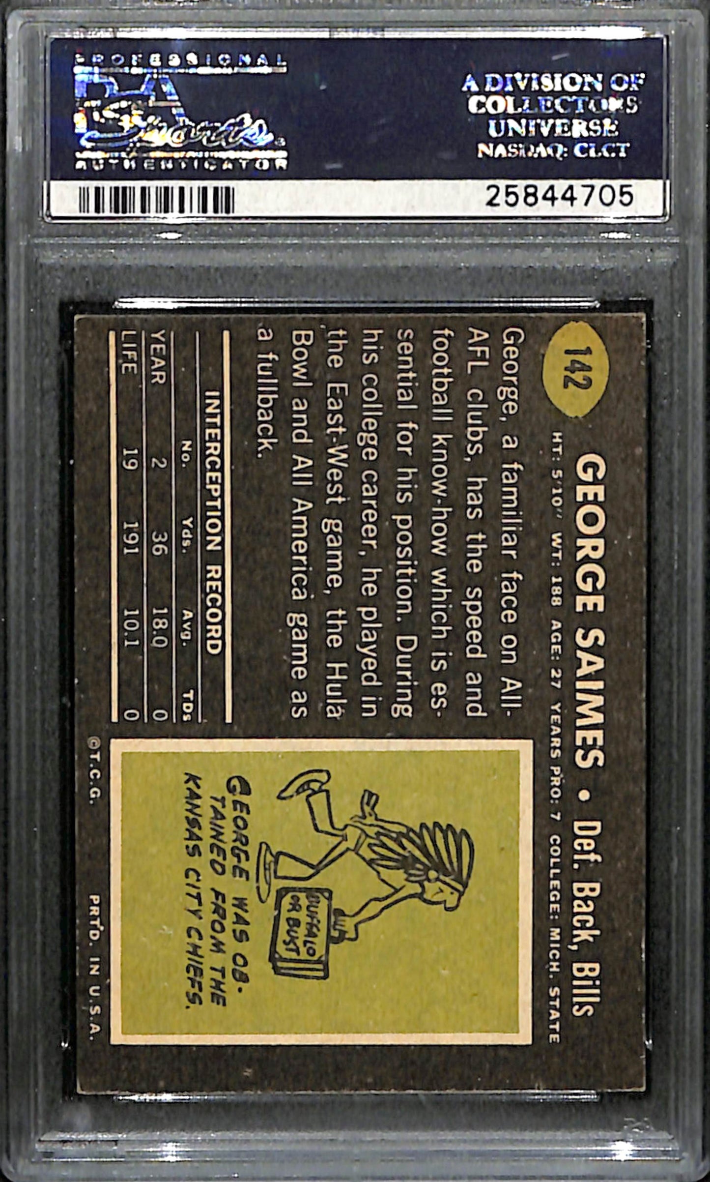 George Saimes Signed 1969 Topps Card #142 Buffalo Bills PSA/DNA 185973